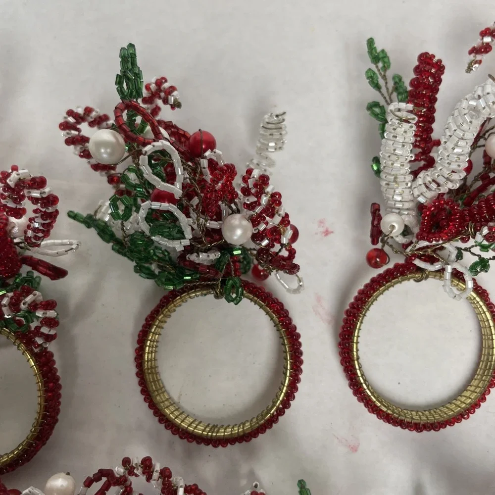 Beaded Holiday Christmas Napkin Ring Holders Set Of 8